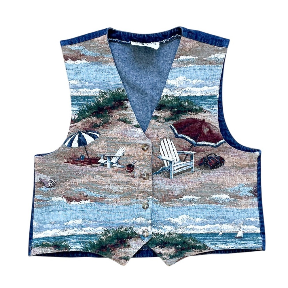 Vtg 90s On The Verge Tapestry Denim Vest Beach Scene Tropical Ptp:20.75” L:20.5”